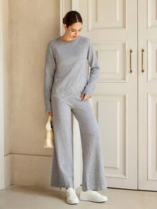 Graceveil Women's Lace Trim Casual Autumn/Winter Sweater 2 Pieces Set - Grey - View 5
