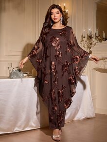 Reflora Plus Size Women's Mesh Floral Embroidered Round Neck Shoulder Cutout Casual Loose Elegant Dress - Brown - View 3