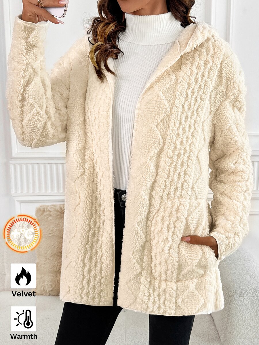 SHEIN Clasi Women Hooded Textured Fleece Jacket, Casual Minimalist Style For Everyday Wear In Fall/Winter - Apricot - View 1
