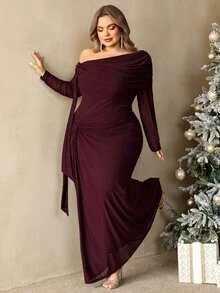 SHEIN CURVE+ Plus Size 22W Asymmetrical Collar Long Sleeve Knot Dress, Suitable For Holiday Parties, Christmas, Halloween - Coffee Brown - View 3
