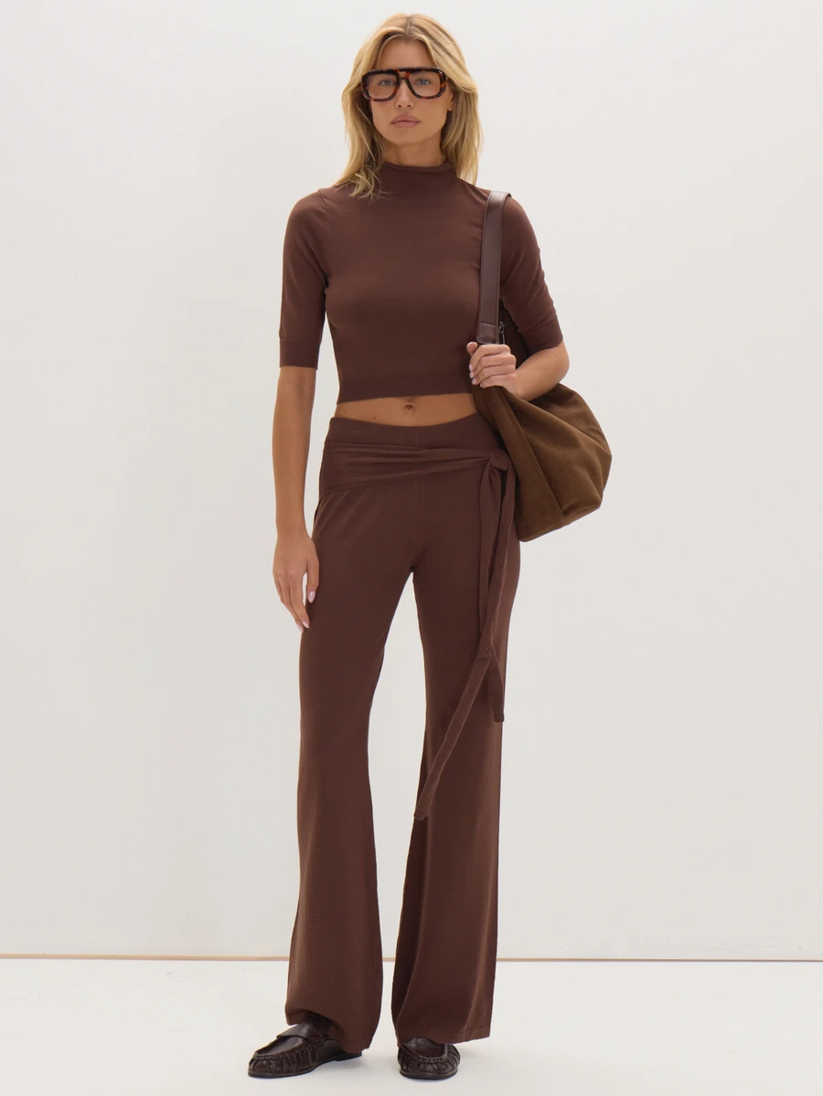 MUSEYN Brown Knit Tie Detail Flared Pants Versatile Everyday Casual Chic Date Night New Season Fall - Coffee Brown - View 1
