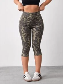 Flexra Plus Size Women's Leopard Print Pocket Casual Daily 7/8 Length Denim Jeans - Multicolor - View 5