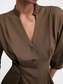 ATUI Studio Women's V-Neck Solid Color Single-Breasted Ruched Waist 3/4 Sleeve Commuter Versatile Blouse - Brown - View 3