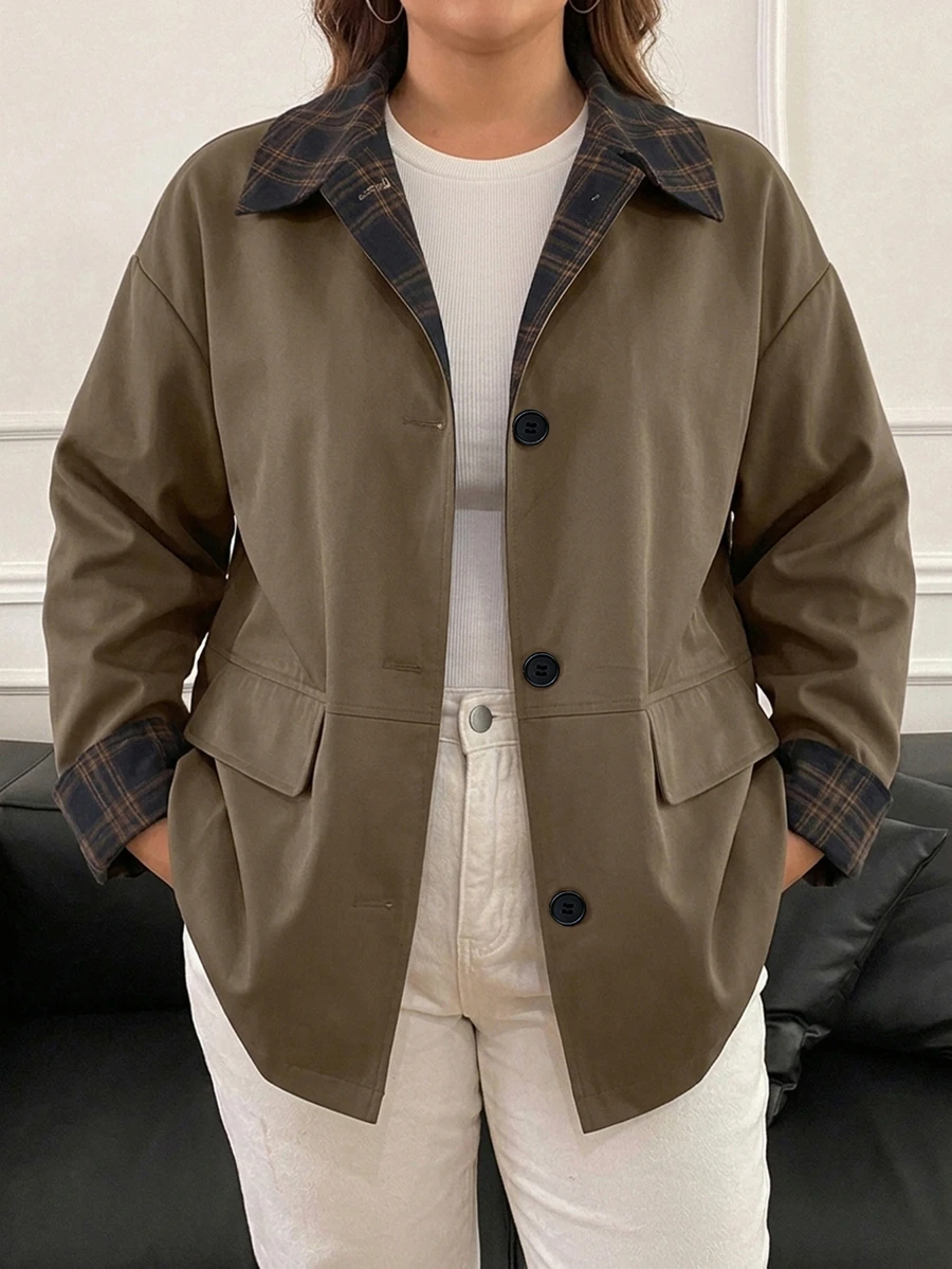 Dazy Plus Korean Style Autumn New Patchwork Trench Coat Regular Jacket - Khaki - View 1