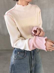 FRIFUL Women's Mock Neck Long Sleeve Fitted Cuff Color Block Wavy Hem Decor Regular Pullover T-Shirt - Pink - View 6