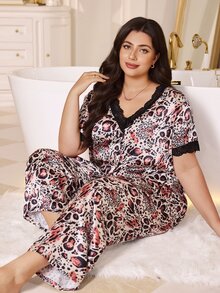 MuseNap CURVE Luxury Leopard Print Ice Silk Pajama Set For Women, Short Sleeve V-Neck Lace Trim Faux Silk Long Pants Loungewear 2 Pieces Set, Plus Size - Multicolor - View 3