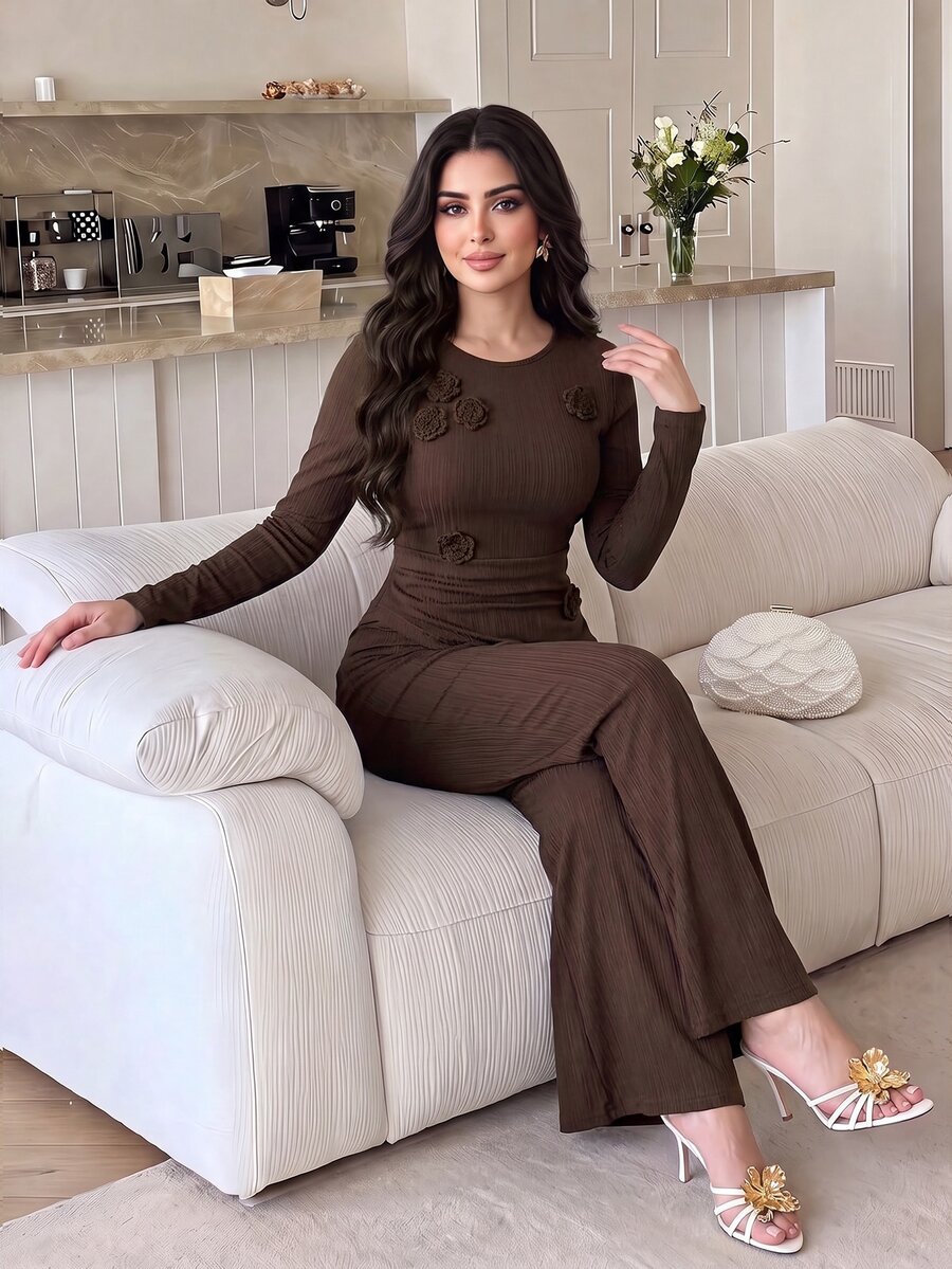 Feyla Plus Size Women Solid Color 2 Pieces Set Round Neck Floral Decor Slim Fit Suitable For Night Out, Holiday, Home, Daily, Birthday Party, Date - Coffee Brown - View 1