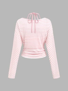 Sweetra Women's Lazy Loose Striped T-Shirt + Halter Neck Tie Tank Top 2pcs Set - Pink - View 2