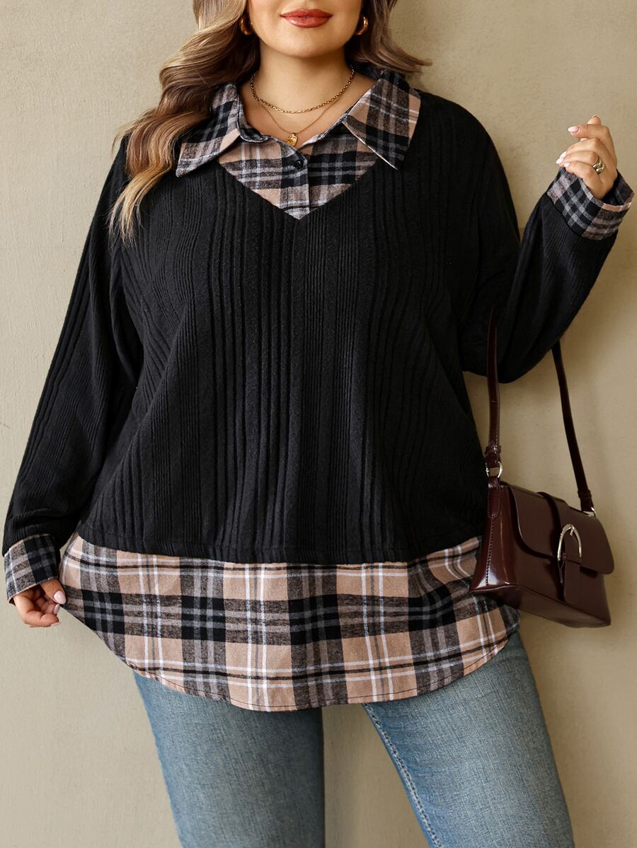 SHEIN CURVE+ Plus Size Women's Fashion Loose Colorblock Patchwork Faux Two-Piece Shirt - Black - View 1