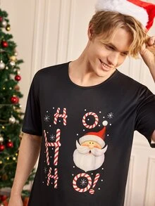 Notgurli Christmas Cute Cartoon Santa Claus Print Letter T-Shirt And Shorts Men's Pajama Set - Multicolor - View 7
