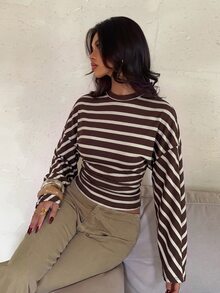 Aloruh 女款秋冬休閒寬鬆條紋T恤 - 咖啡棕 - 查看 6