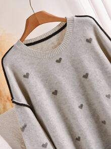 CosyJoli Plus Size Elegant French Casual Heart Pattern Khaki Autumn/Winter Pullover Sweater Top For Women - Khaki - View 5