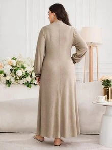 Al Najma Plus Size Women's Notched V-Neck Long Sleeve Print Patchwork Arabian Dress - Khaki - View 2