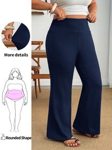 SHEIN PETITE CURVE 大尺碼女款休閒黑色高腰喇叭褲 秋季 - 藏蓝色 - 查看 1