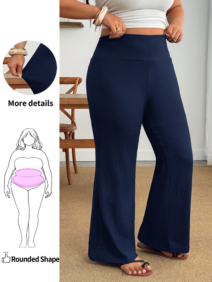 SHEIN PETITE CURVE 大尺碼女款休閒黑色高腰喇叭褲 秋季 - 藏蓝色 - 查看 1