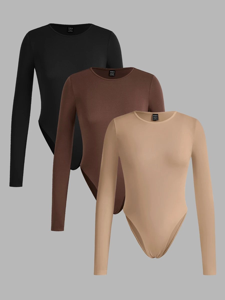 SHEIN EZwear 3件裝純色百搭對比色女款長袖緊身連身衣,適合春秋季節 - 彩色 - 查看 1