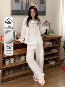 DAZY Women's Long Sleeve Top And Pants Casual Daily Home Sleepwear Set - White - View 4