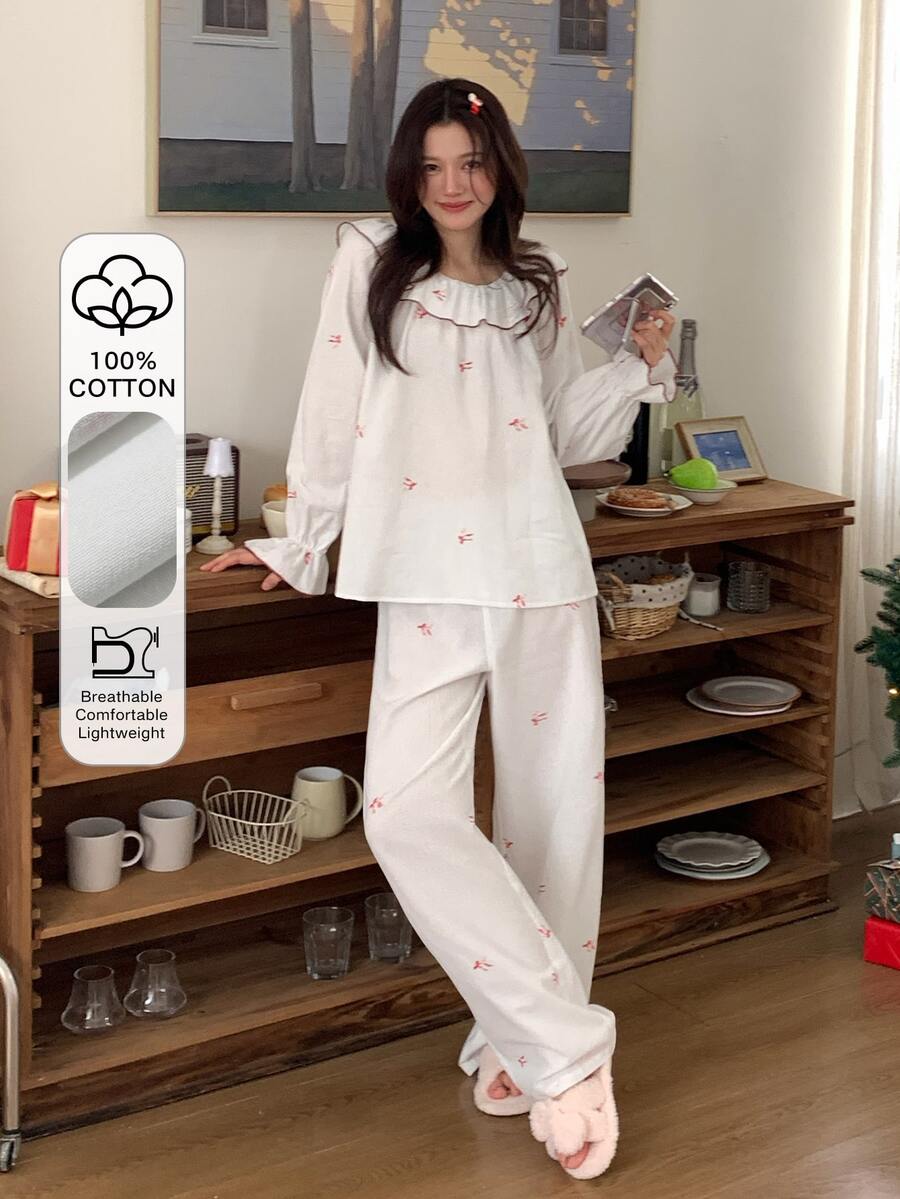 DAZY Women's Long Sleeve Top And Pants Casual Daily Home Sleepwear Set - White - View 1