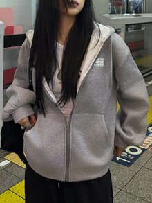 FRIFUL Women's Korean Style Denim Zipper Sweatshirt Sweatshirt - Grey - View 2