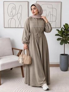 Veilorie فستان نسائي بمقاس كبير بخصر عالي وأكمام طويلة - كاكي - مشاهدة 1