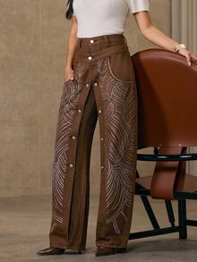 Anewsta Quần jean denim nữ phong cách đường phố cạp đôi đính nút và đá rhinestone - màu nâu - Xem 4