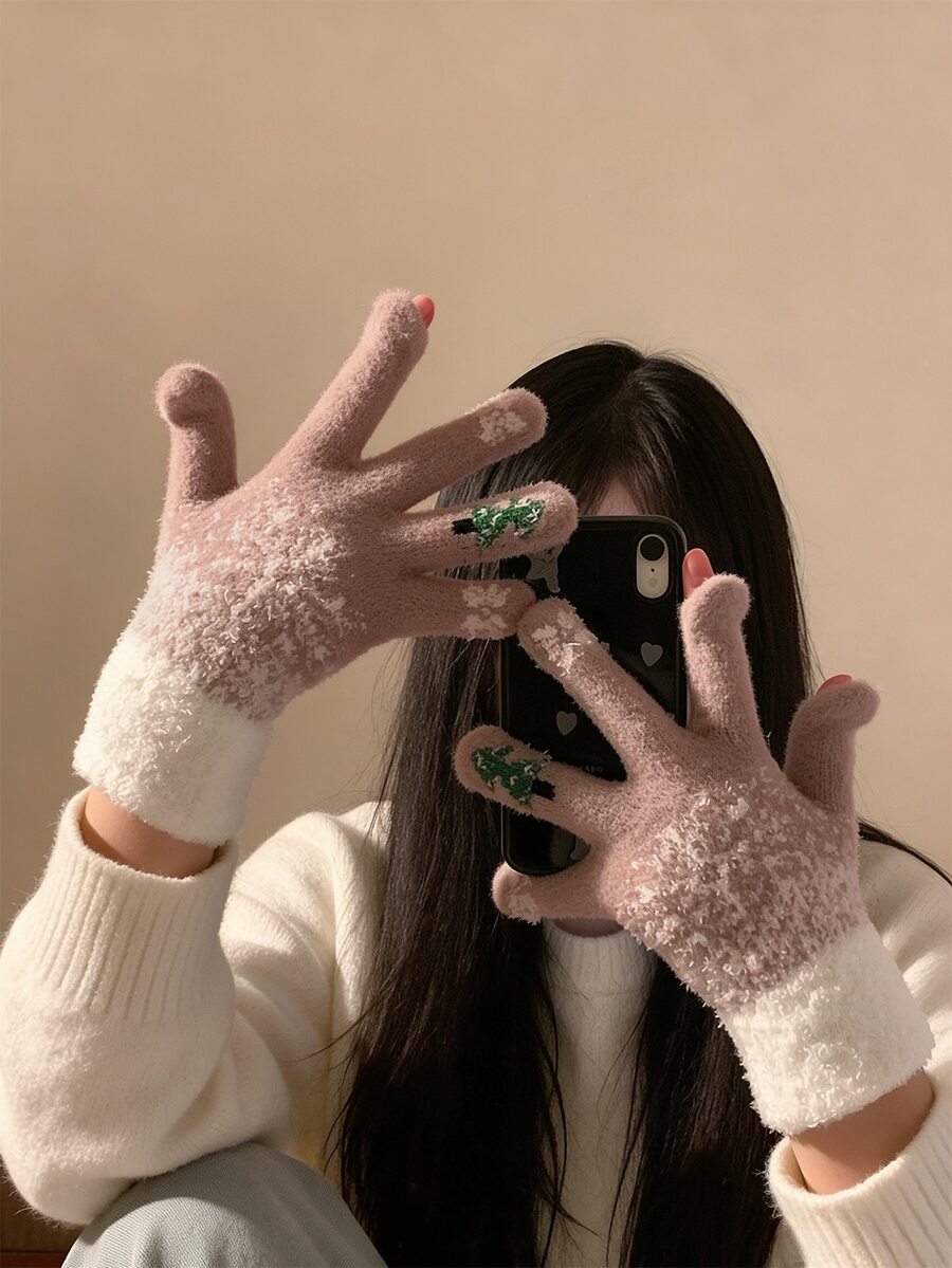 DAZY Women's Christmas Tree Pattern Warm Fingerless Gloves - Khaki - View 1