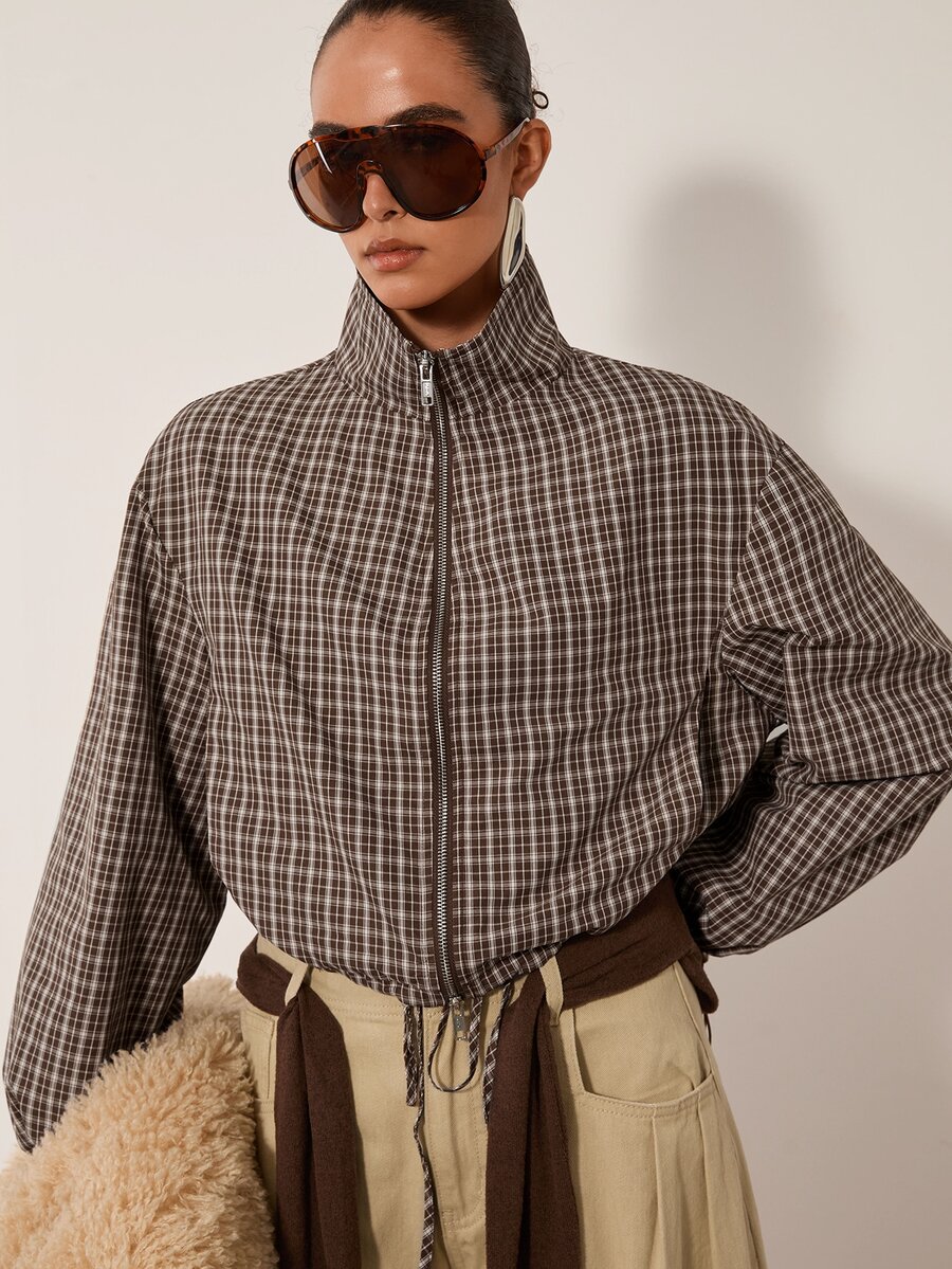 MERLEAU Women's Stand Collar Zip-Up Modern Brown Plaid Drawstring Waist Long Sleeve Jacket - Brown - View 1