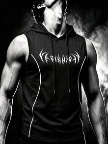 Manfinity Men Functional Line Print Hooded Sports Tank Top, Soft Fitness Sleeveless Vest, Gym - Black - View 1