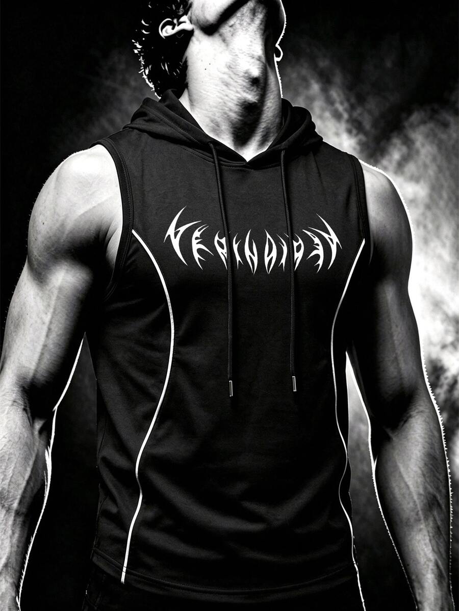 Manfinity Men Functional Line Print Hooded Sports Tank Top, Soft Fitness Sleeveless Vest, Gym - Black - View 1