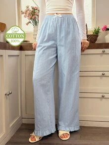 Snug Reverie 100% Cotton Textured Jacquard Fabric With Decorative Bow Women's Pajama Bottoms - Baby Blue - View 3