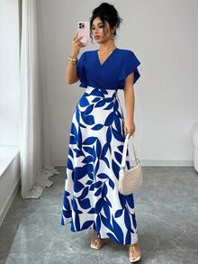 EMERY ROSE Plus Size Women Contrast Blue White Leaf Print Wrap V-Neck Ruffle Flutter Sleeve High Waist A-Line Maxi Dress Elegant Daily Going Out Beach Sundress - Multicolor - View 1