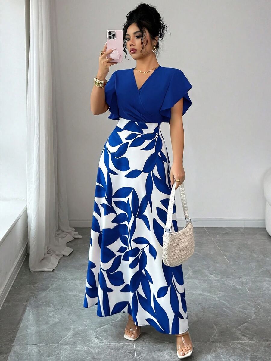 EMERY ROSE Plus Size Women Contrast Blue White Leaf Print Wrap V-Neck Ruffle Flutter Sleeve High Waist A-Line Maxi Dress Elegant Daily Going Out Beach Sundress - Multicolor - View 1