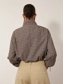 MERLEAU Women's Stand Collar Zip-Up Modern Brown Plaid Drawstring Waist Long Sleeve Jacket - Brown - View 2