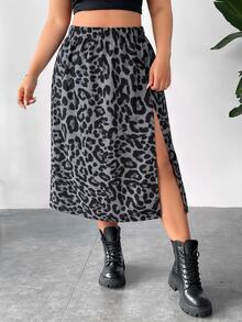 SHEIN PETITE CURVE 大尺碼女款豹紋彈性腰開衩裙 派對穿搭 節慶休閒 夏季度假 秋季穿搭 - 灰色 - 查看 4