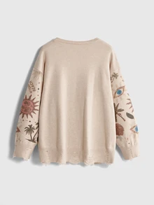 ROMWE Dark Gothic Style Plus Size Knitted Cardigan, Skull & Moth Jacquard, Distressed Design, V-Neck Long Sleeve, Halloween Sweater Jacket - Apricot - View 2