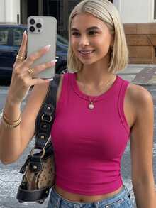 Livesso Women's Solid Color Fitted Tank Top, Minimalist Casual Daily Wear Going Out Tops - Hot Pink - View 6