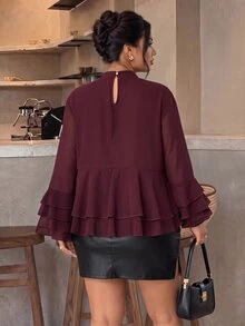Lounesse Plus Size Women Solid Color Pleated Casual Everyday Shirt - Burgundy - View 2