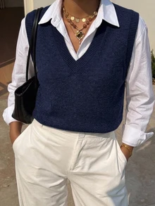 DAZY Solid V-Neck Sweater Vest Without Blouse,Fall Clothes - Navy Blue - View 9
