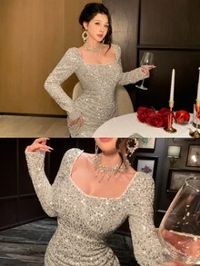 DAZY Women's Square Neck Cinched Cinched Waist Pleated Asymmetrical Hem Sequin Long Sleeve Dress - Apricot - View 1