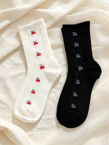CottageSlumber Sweet Style Cherry Embroidery Hollow Out Mid-Calf Socks ...