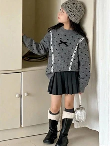 Dazy Kids Tween Girls Bow Decor Polka Dot Long Sleeve Sweater - Dark Grey - View 5