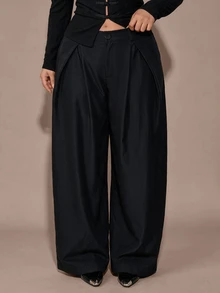SHEIN BAE CURVE 女款大尺碼高腰寬鬆休閒長褲 - 黑色 - 查看 5