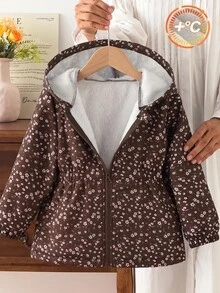 SHEIN 女童 2025 冬季新款復古卡其色花卉保暖內裡拉鍊連帽外套，彈性腰頭，加厚保暖，適合戶外、秋冬穿著 - 棕色 - 查看 3