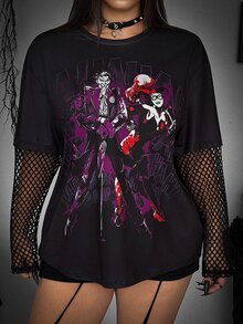 Whyspr Harley Quinn X SHEIN Plus Size Women's 2 In 1 Patchwork Casual Daily T-Shirt - Black - View 3