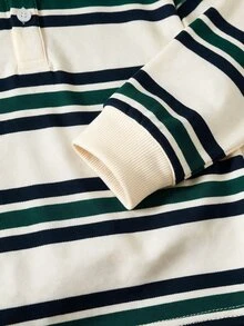 SHEIN 2件組兒童小男孩秋冬休閒條紋 Polo 領長袖套頭上衣與休閒長褲，男孩套裝，條紋套裝，秋冬套裝，Polo 套裝 - 彩色 - 查看 4