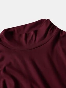 SHEIN MOD 優雅女款奶油色高領長洋裝，抓褶腰部設計、小飛袖、A字版型，茶長正式禮服，排練晚餐洋裝 - 酒紅色 - 查看 7