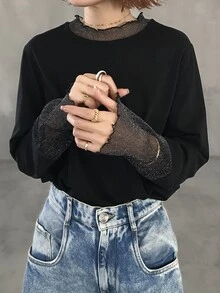 FRIFUL Solid Color Patchwork Sheer Polka Dot Mesh Fabric Loose Casual Versatile T-Shirt Fall - Black - View 5
