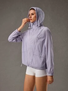 OutZeal Áo khoác thể thao nữ tập gym workout màu trơn, nhẹ, cổ cao, có mũ, kéo khóa - Màu tím hoa cà - Xem 7