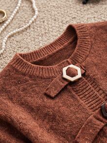 Grovea Plus Size Women's Fall Winter Sweater, Brown Round Neck Knit Cardigan With Mixed Irregular Buckles, Long Sleeve, Loose Slim-Fit, Casual Versatile - Brown - View 5