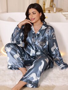 MuseNap CURVE Plus Size Faux Silk Floral Print Lapel Long Sleeve Pants Pajama Set - Dusty Blue - View 3